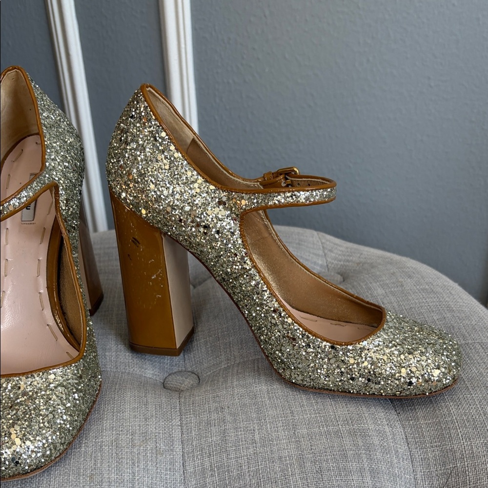 Miu Miu Gold Glitter Mary Jane Block Heels – Size 37.5 - Picture 8 of 15
